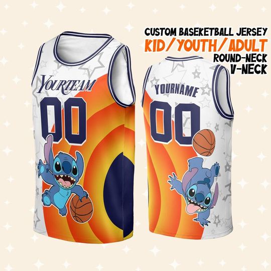 Custom Super Awesome Space Jam Stitch Navy Basketball Jersey, Kid Disneyland Basketball B-ball Jersey Game Day Outfit Basketball Fans Sports