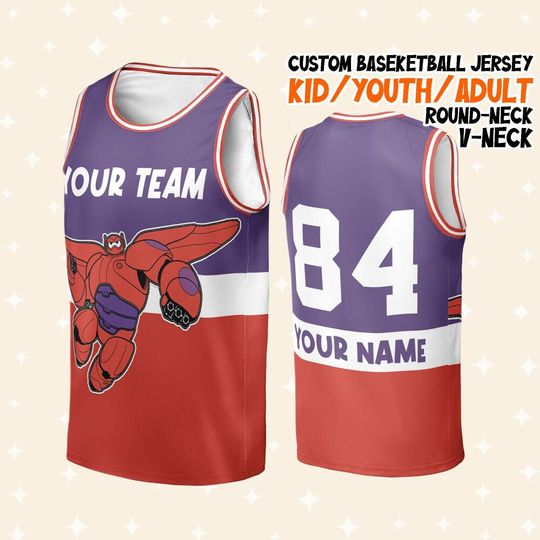 Personalize Disney Inside Big Hero Baymax Fight Fly Red Purple Baseketball Jersey, Disney Basketball B-ball Jersey Game Day Outfit Fan Sport