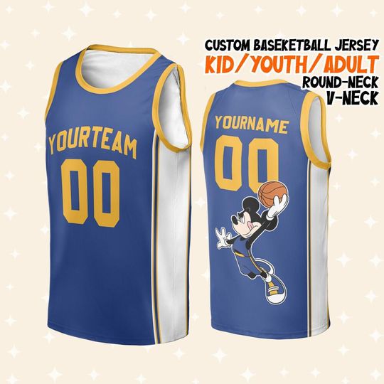 Personalize Sl Dunk Basketball Mickey Royal Blue and Yellow, Kid Disneyland Basketball B-ball Jersey, Game Day Outfit Fan Sport, Birthday