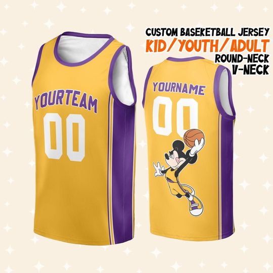 Personalize Sl Dunk Basketball Mickey Gold and Purple, Kid Disneyland Basketball B-ball Jersey, Game Day Outfit Fan Sport, Birthday Gift