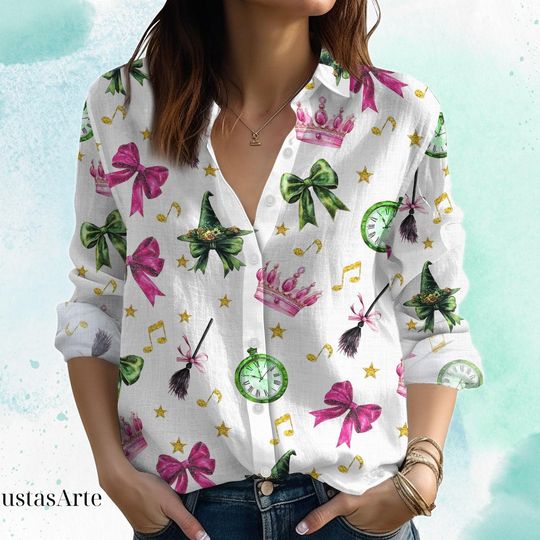 Wicked Movie Linen Shirt, Witch Pink and Green Shirt, Defy Gravity Broomstick Magic Wand Shirt, Wicked Musical Fan Gift