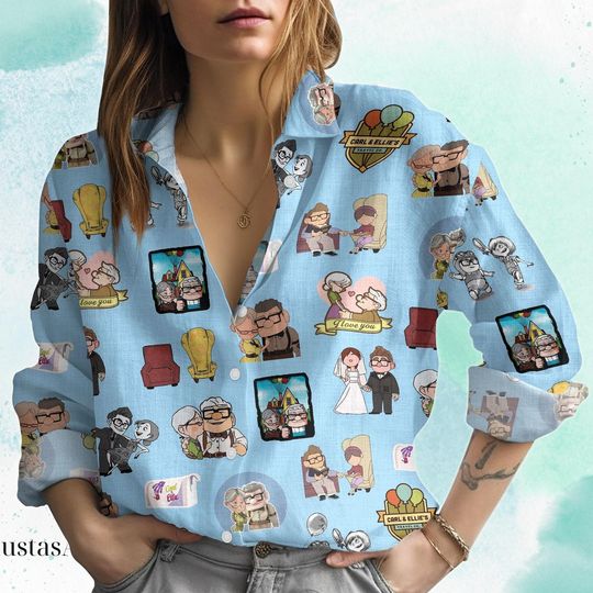 Carl And Ellie Linen Shirt, Disney Couple Carl Ellie Linen Shirt, Couple Women Blouses Shirt, Button Linen Shirt Women, Gift For Girlfr