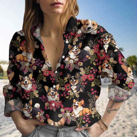 Corgi Button Linen Shirt, Funny Dog Women Blouses, Cute Animal Shirt, Long Sleeve Shirt, Tropical Vacation Shirt, Birthday Gift For Her