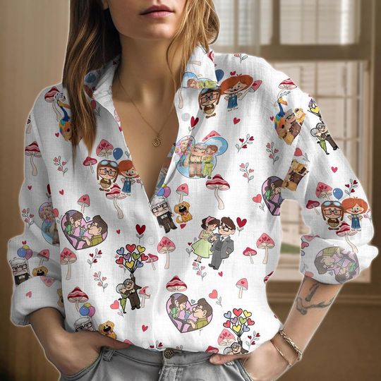 Carl And Ellie Linen Shirt, Up Movie Shirt, Disney Women Blouses, Long Sleeve Shirt, Magic Kingdom Tee, Pixar Casual Shirt, Funny Gift