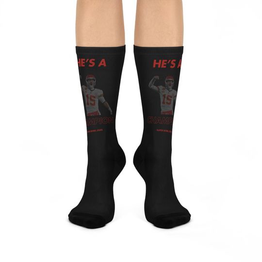 Patrick Mahomes 'He's A Champion' Cushioned Crew Socks - Kansas City Football Fan Apparel, football Athlete Memorabilia, Sports Lover Gift, Game