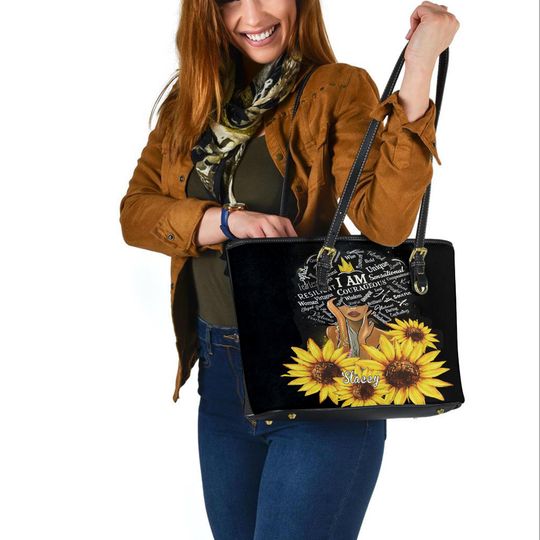 Black Girl Sunflower Lover's Handbag, Sunflower Women Leather Tote Bag, Custom Leather Totes, Woman Handbag, Personalized Bag, Gift For Her