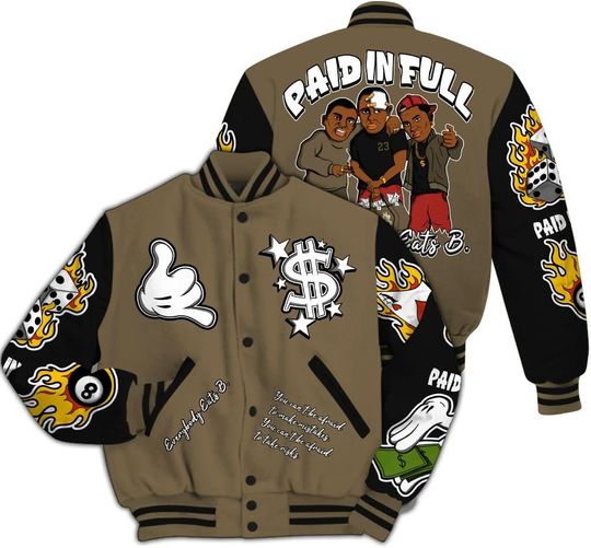 Dunkare Retro Olive 9s Varsity Jacket, Streetwear Varsity Jacket, 9 Olive Shirt, Everybody Paid In Full Graphic All Over Print Letterman Jackets