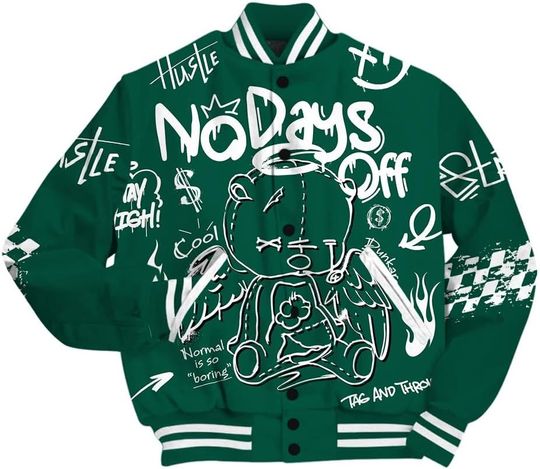 Dunkare Oxidized Green 4s Varsity Jacket, Streetwear Varsity Jacket, No Days Off Retro Varsity Jacket Outfit