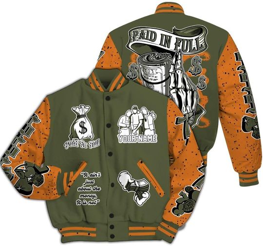 Dunkare Olive 5s Varsity Jacket, Streetwear Varsity Jacket, Clown Scary Sneakers Graphic Custom Name All Over Print Letterman Jackets