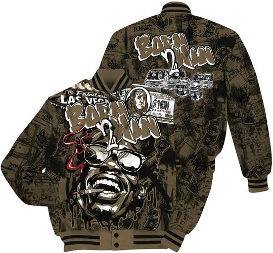 Dunkare Shirt To Match Olive 9s Jacket, Streetwear Varsity Jacket, Retro 9 Olive Tee Born To Win Money All Over Print Baseball Varsity Jacket