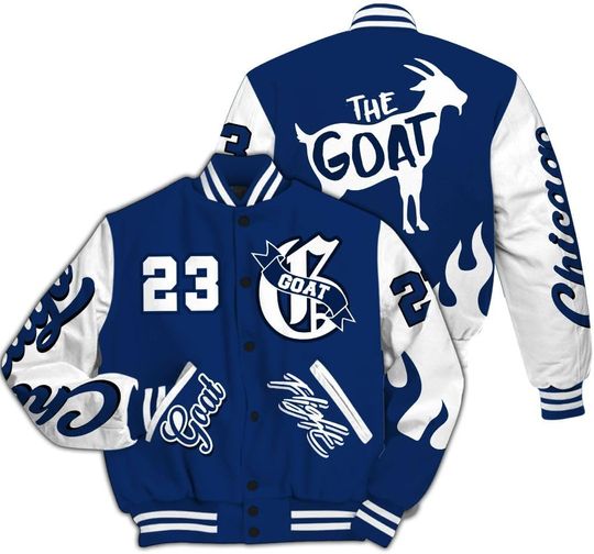 Dunkare High OG Deep Royal Blue 1s Varsity Jacket, Streetwear Varsity Jacket, AIR Number 23 GOAT All Over Print Letterman Jackets