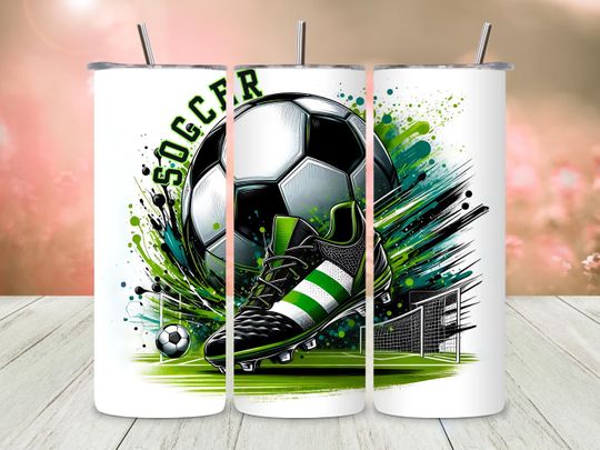 Soccer Tumbler  , Sublimation 20 oz Skinny Wrap, Sports Theme Tumbler, Soccer Ball and Cleats, Goal Post Design