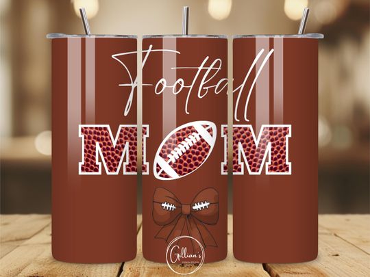 Football Mom Brown White 20 oz Skinny Tumbler Wrap Sublimation Design,   Sport Mom Tumbler, Coquette Bow