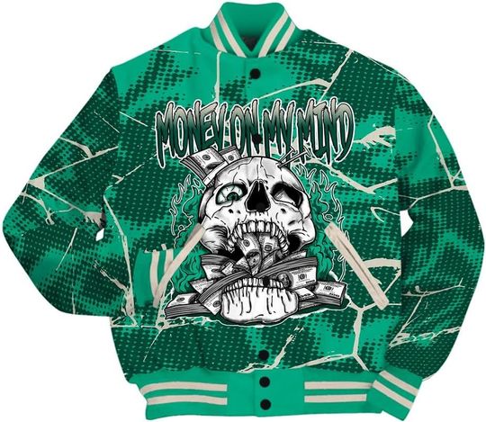 Dunkare Oxidized Green 4s Varsity Jacket, Streetwear Varsity Jacket, MOMM Skeleton Crack Varsity Jacket Unisex