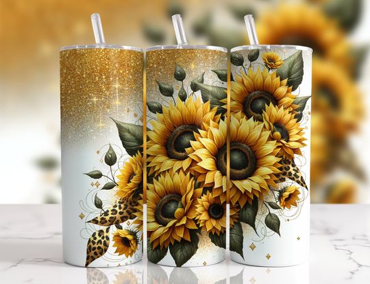 Glitter, Sunflower  , Tumbler Wrap, Leopard Print, Wrap, Sublimation Design, 20oz Skinny