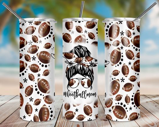 Seamless Messy Bun Football Mom Sublimation Tumbler Design, 20oz Skinny Tumbler Wraps Template  , 20oz Straight Tumbler