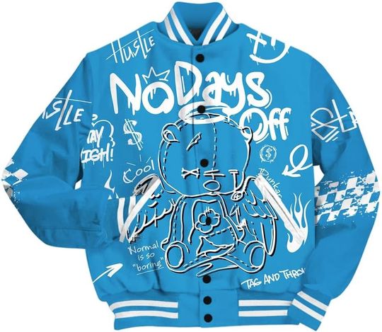 Dunkare Powder Blue 9s Varsity Jacket, Streetwear Varsity Jacket, No Days Off Retro Varsity Jacket Outfit