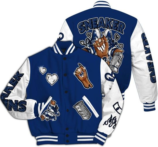 Dunkare High OG Deep Royal Blue 1s Varsity Jacket, Streetwear Varsity Jacket, Trappin' Unique All Over Print Letterman Jackets