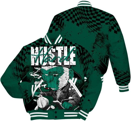 Dunkare Shirt To Match Oxidized Green 4s, Streetwear Varsity Jackets, 4 Oxidized Green Shirt Hustle Hard Monkey All Over Print Baseball Varsity Jacket