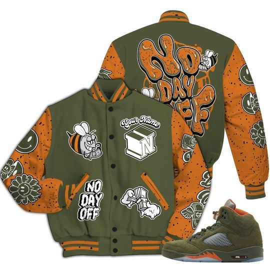 Olive 5s Varsity Jacket, Streetwear Varsity Jackets, No Day Off Graphic Custom Name All Over Print Letterman Jackets
