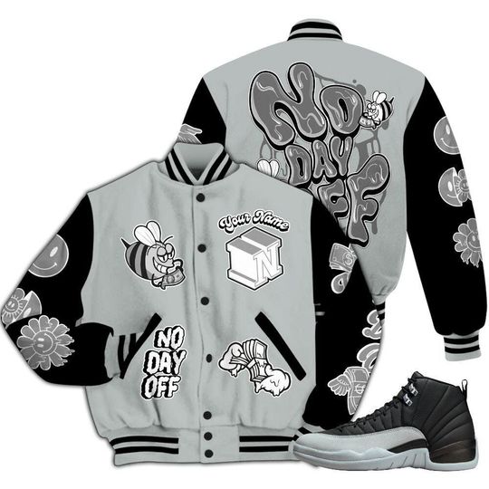 Black Wolf Grey 12s Varsity Jacket, Streetwear Varsity Jackets, No Day Off Graphic Custom Name All Over Print Letterman Jackets