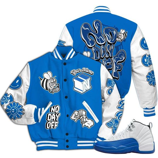 Blueberry 12s Varsity Jacket, Streetwear Varsity Jackets, No Day Off Graphic Custom Name Varsity Jackets