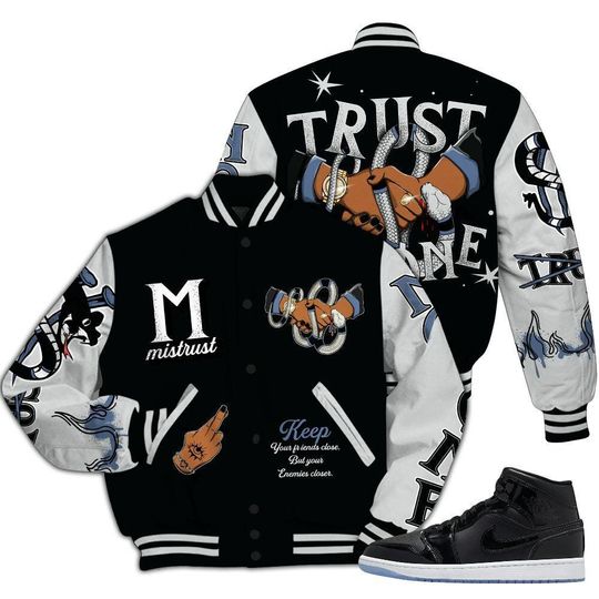 Mid Space Jam 1s Varsity Jacket, Streetwear Varsity Jackets, Trust No One Snake-Bite Street Style Varsity Jackets
