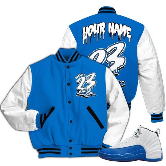 Blueberry 12s Varsity Jacket, Streetwear Varsity Jackets, Custom 23 Drip All Over Print Letterman Jackets