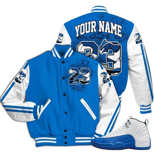Blueberry 12s Varsity Jacket, Streetwear Varsity Jackets, Custom Number 23 5s All Over Print Letterman Jackets