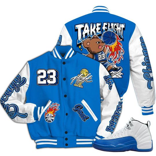 Blueberry 12s Varsity Jacket, Streetwear Varsity Jackets, Number 23 Basketball Bear All Over Print Letterman Jackets