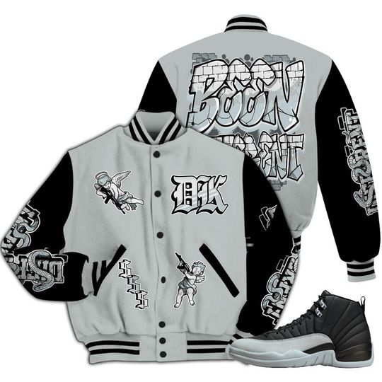 Black Wolf Grey 12s Varsity Jacket, Streetwear Varsity Jackets, To Different Graphic Basketball Varsity Jacket All Over Print Letterman Jackets