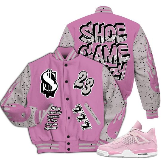 Neutral Grey Black White Orchid 4s Varsity Jacket, Streetwear Varsity Jackets, Shoe Game Crazy Graphic Varsity Jackets