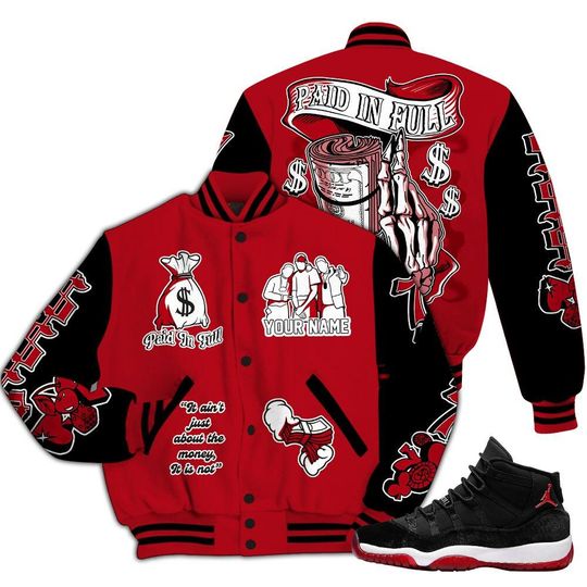 Bred Velvet 11s Varsity Jacket, Streetwear Varsity Jacket, Hip Hop Varsity Jacket, Paid In Full Baseball Varsity Jacket Custom Name Varsity Jackets