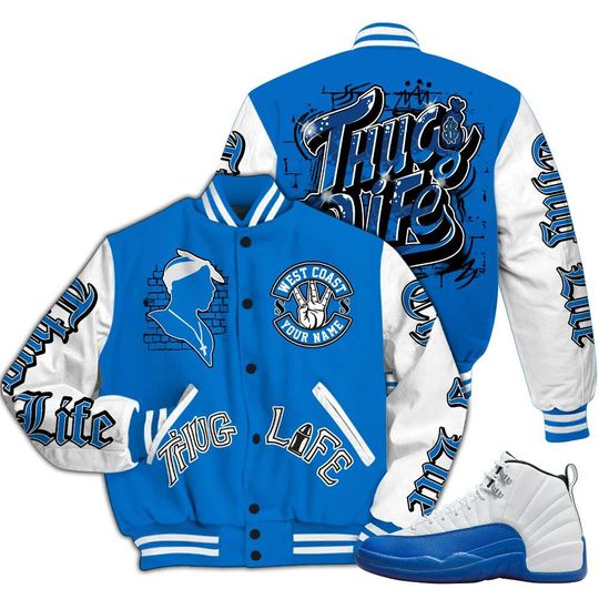Blueberry 12s Varsity Jacket, Streetwear Varsity Jacket, Hip Hop Varsity Jacket, Free Thug Living Custom Name Baseball Varsity Jacket