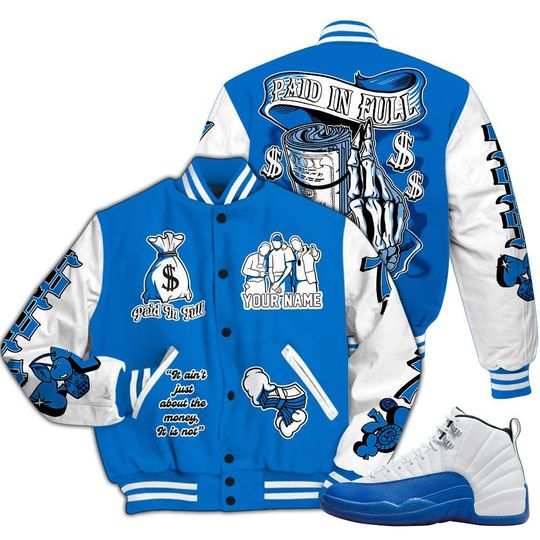 Blueberry 12s Varsity Jacket, Streetwear Varsity Jacket, Hip Hop Varsity Jacket, Paid In Full Baseball Varsity Jacket Custom Name Varsity Jackets