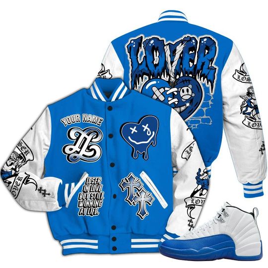 Blueberry 12s Varsity Jacket, Streetwear Varsity Jacket, Hip Hop Varsity Jacket, LOVER LOSER Custom Name Baseball Varsity Jacket
