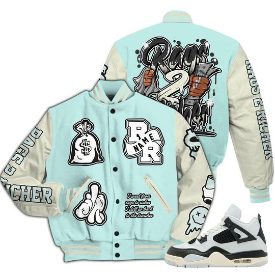 Pure Platinum 4s Varsity Jacket, Streetwear Varsity Jacket, Hip Hop Varsity Jacket, Rag 2 Rich Graphic Custom Name Varsity Jackets