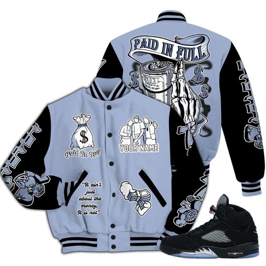 Black Metallic 5s Varsity Jacket, Streetwear Varsity Jacket, Hip Hop Varsity Jacket, Paid In Full Baseball Varsity Jacket Custom Name Varsity Jackets