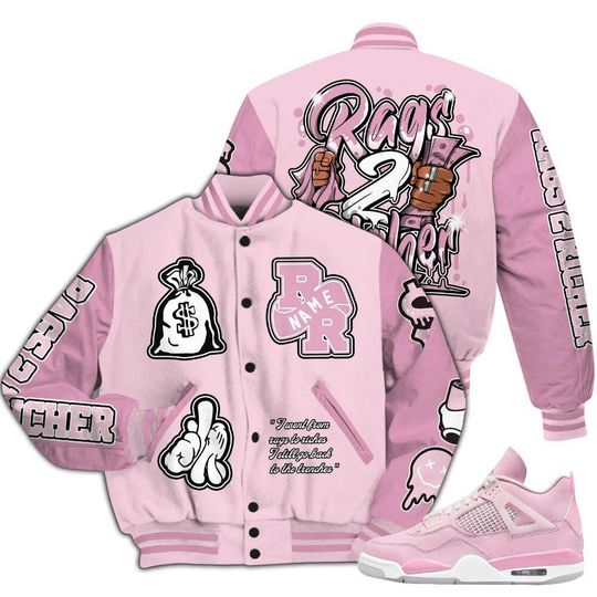 Orchid 4s Varsity Jacket, Streetwear Varsity Jacket, Hip Hop Varsity Jacket, Rag 2 Rich Graphic Varsity Jackets