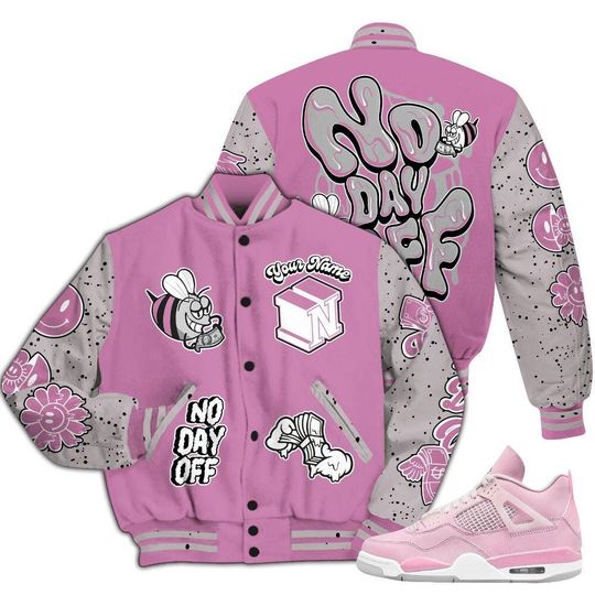 Neutral Grey Black White Orchid 4s Varsity Jacket, Streetwear Varsity Jacket, Hip Hop Varsity Jacket, No Day Off Graphic Custom Name Varsity Jackets