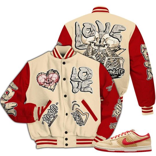 Dunk Low Strawberry Waffle Varsity Jacket, Streetwear Varsity Jacket, Hip Hop Varsity Jacket, Skull Love Varsity Jackets