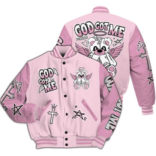 Orchid 4s Varsity Jacket, Streetwear Varsity Jacket, Gods Guides Me Bear Varsity Jacket