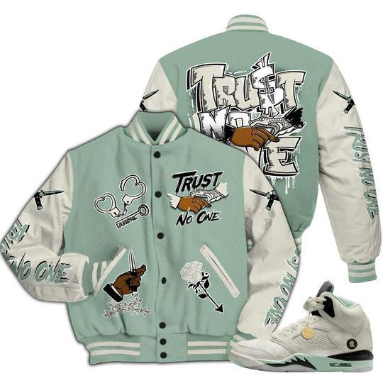 Dunkare Joins Year Of The Snake 5s Varsity Jacket, Streetwear Varsity Jacket, Trust No One Dripping All Over Print Letterman Jackets