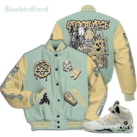 Dunkare Joins Year Of The Snake 5s Varsity Jacket, Streetwear Varsity Jacket, Apocalypse Skeleton All Over Print Letterman Jackets