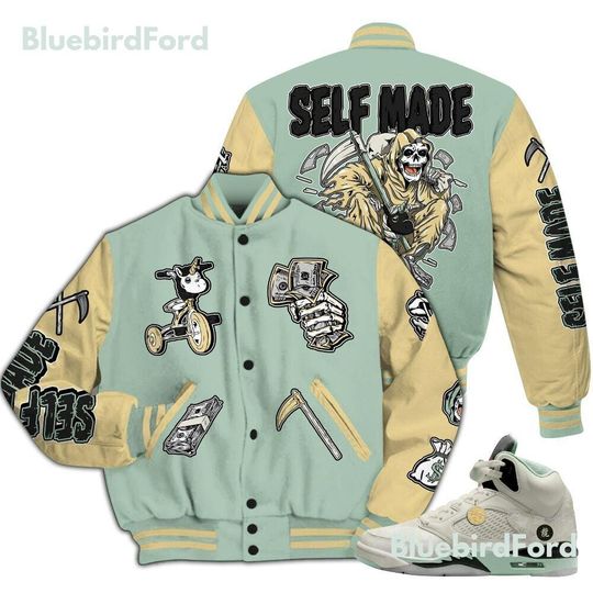 Dunkare Joins Year Of The Snake 5s Varsity Jacket, Streetwear Varsity Jacket, Self Make Skeleton All Over Print Letterman Jackets