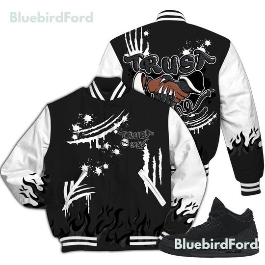 Discover Dunkare Black Cat 3s Varsity Jacket, Streetwear Varsity Jacket, Graphic Trust No One All Over Print Letterman Jackets