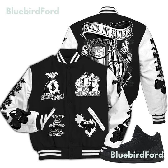 Dunkare Black Cat 3s Varsity Jacket, Streetwear Varsity Jacket, Paid In Full Baseball Varsity Jacket Custom Name All Over Print Letterman Jackets