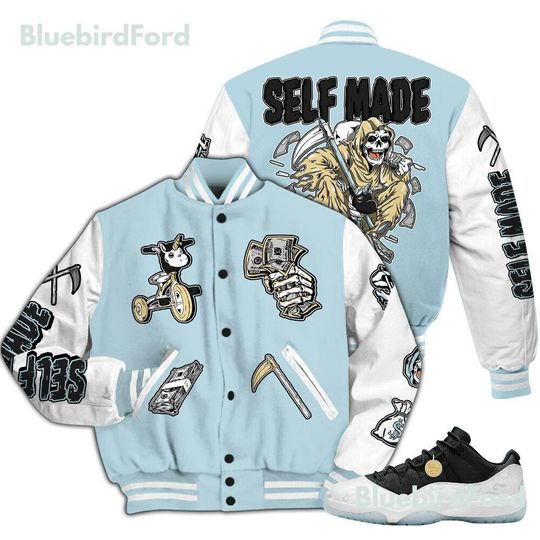 Dunkare Low Year Of The Snake 11s Varsity Jacket, Streetwear Varsity Jacket, Self Make Skeleton All Over Print Letterman Jackets