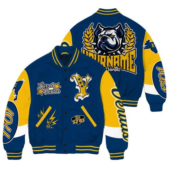 Custom Name YU Blue Bulldogs University Varsity Jacket, Streetwear Varsity Jacket, Est. 1701 Connecticut Novelty Unisex Design Letterman Jackets
