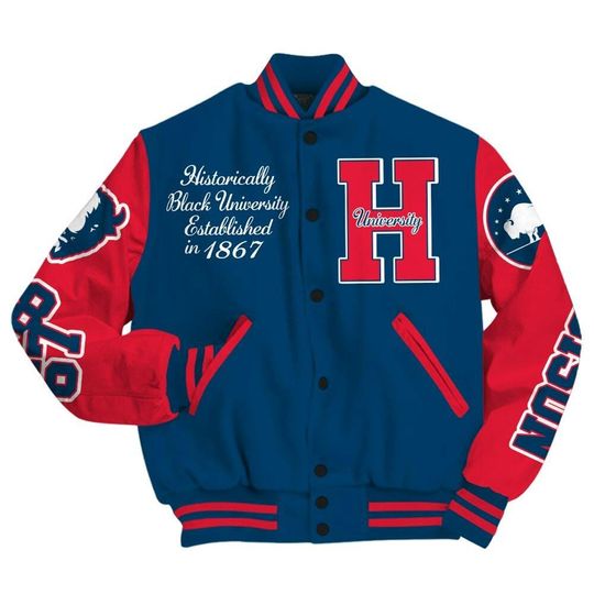 Bison University Varsity Jacket, Streetwear Varsity Jacket, HBCU Est. 1881 Blue Red Veritas Et Utilitas Washington Novelty Unisex Design Letterman Jackets